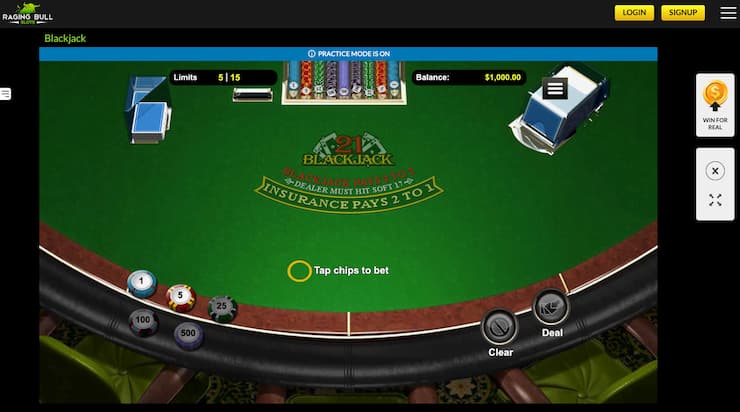 An image of a blackjack game at Raging Bull, one of the best online blackjack sites.